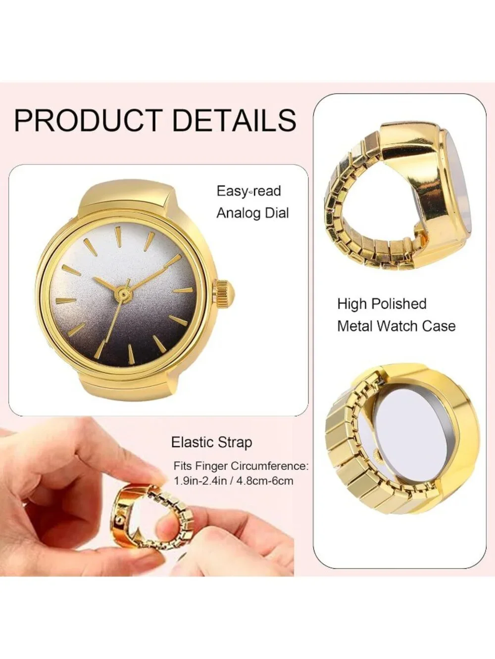 Women Gold Grey Quartz Stretchy Band Elastic Round Simple Dial Finger Ring Watch